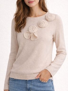 Vintage TSE 100% Cashmere Cream Floral Rosette Sweater Womens Medium Grandmacore